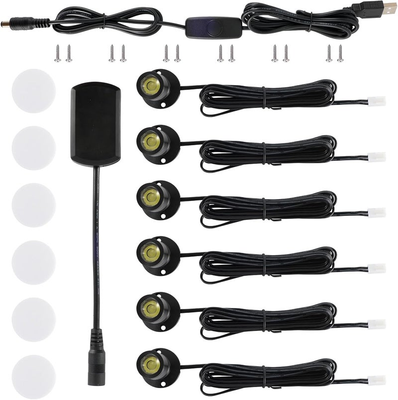 DEDC 6pcs Mini LED Spot Lights, 1W 5V 3000K Under Cabinet Lights, Mini Spotlights for Displays with Dimmer (Warm White-Pushbutton Switches-USB Plug) - Image 1
